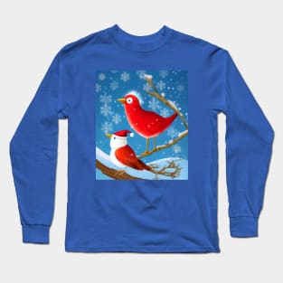 Christmas Funny Red Birds Closeup on a Snowy Branch Long Sleeve T-Shirt